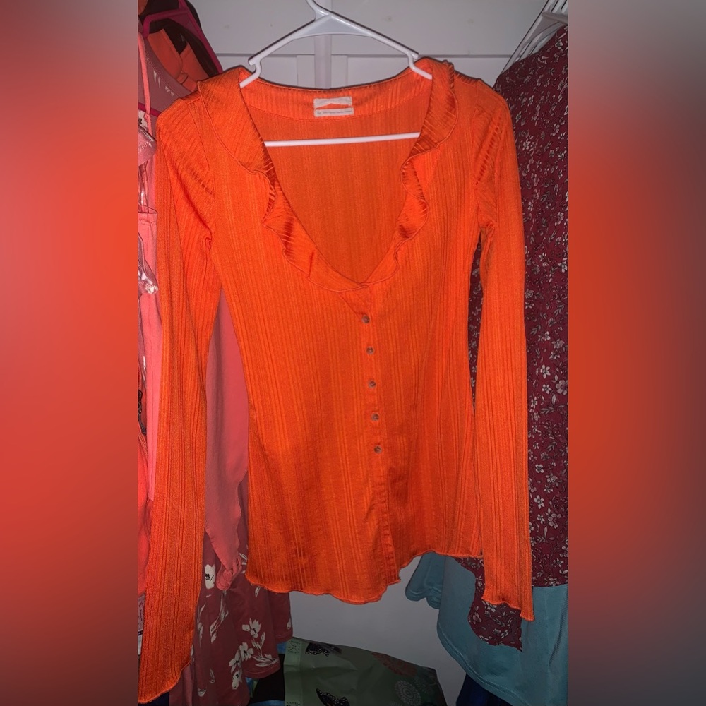 NWOT. Urban Outfitters Vibrant Orange Ruffle Button-Down Shirt